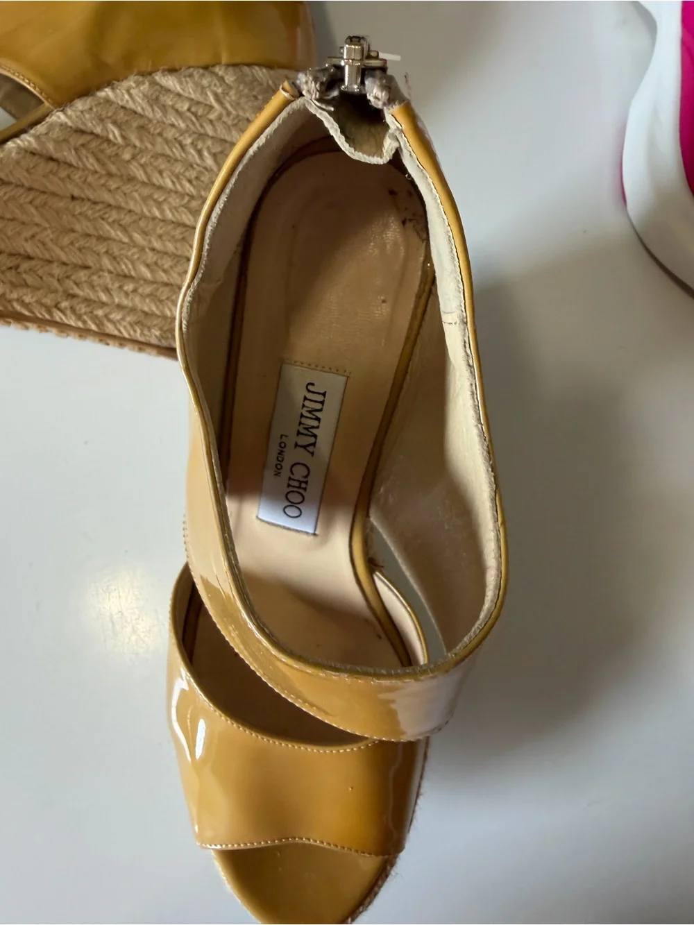 Jimmy Choo Patent Leather Espadrille Wedge Sandals Mustard Gold EU 39 US 9